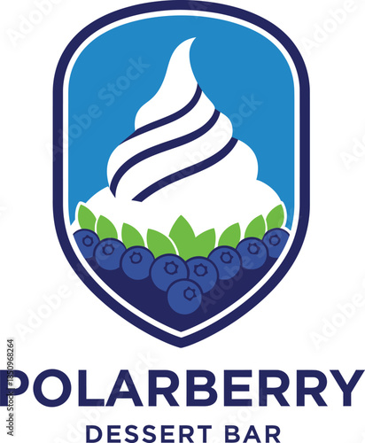 PolarBerry Dessert Bar Logo with Blueberry Frozen Yogurt Shield Vector Illustration