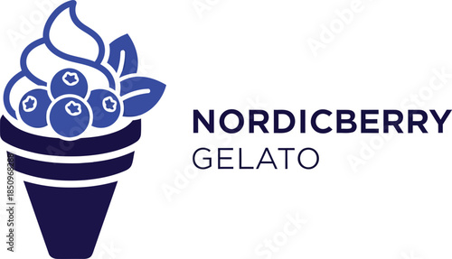 NordicBerry Gelato Logo with Blueberry Ice Cream Cone Vector Illustration