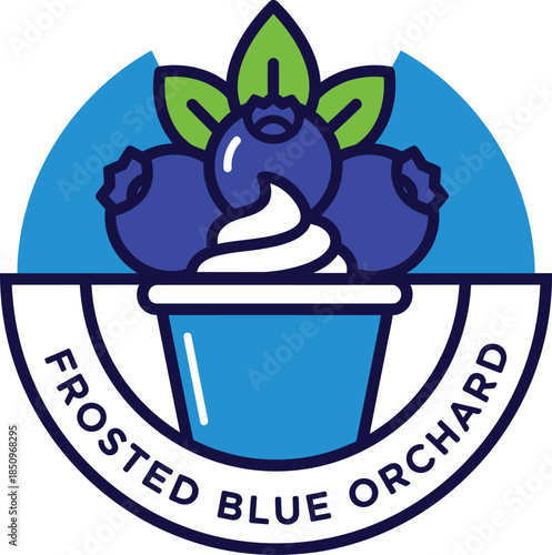 Frosted Blue Orchard Logo with Blueberry Frozen Yogurt Vector Illustration
