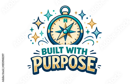 Compass with built with purpose text and decorative stars
