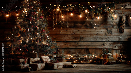 Cozy rustic Holiday room with tree, gifts and warm string lights