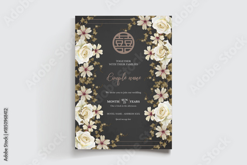 WEDDING INVITATION FRAME WITH FLOWER DECORATIONS AND FRESH LEAVES