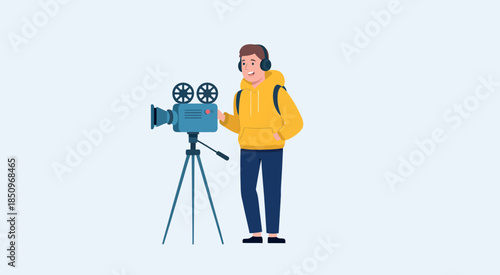 Independent Filmmaker Shooting Video in Snowy Mountain Landscape Flat Illustration