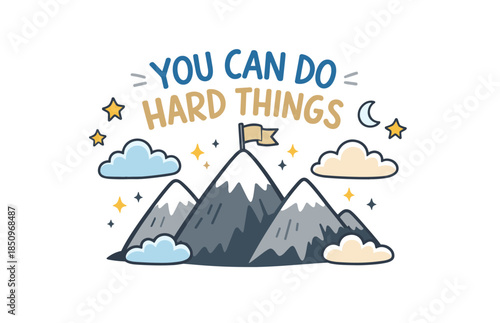 Motivational mountain with encouraging message and stars