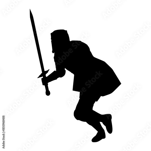 Medieval knight male warrior holding sword, shield isolated on white background. Hero wearing armor. Knight silhouette. For symbol, logo, web icon, mascot and game elements. Protection and security.