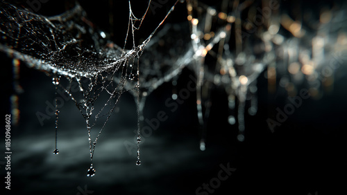 Spider web detail with droplets, dramatic low key lighting