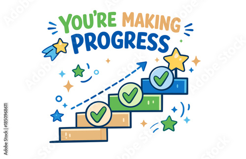 Colorful progress steps with checkmarks and stars motivational design