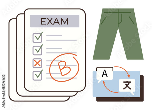 Exam paper with checkmarks and grade, green pants, and a language translation interface. Ideal for education, evaluation, fashion, global communication, learning, linguistics multicultural themes