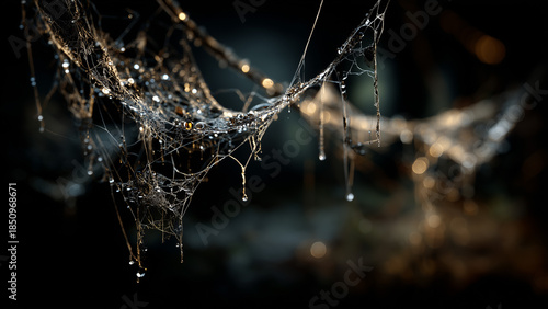Wet cobweb macro, eerie atmospheric background