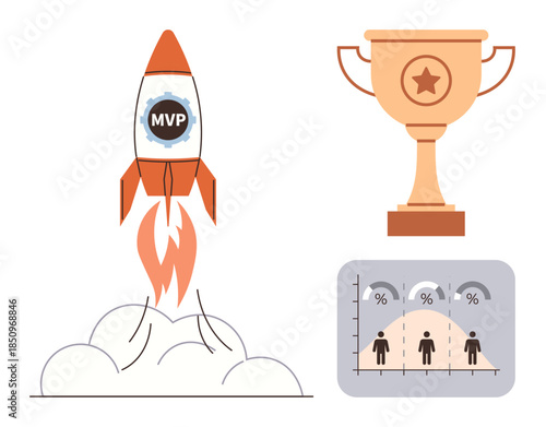 Rocket launch with MVP label symbolizes rapid progress, paired with a trophy for achievement and a performance chart tracking goals. Ideal for leadership, innovation, success, growth, performance