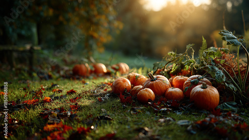 Pumpkins on forest floor in warm autumn sunlight