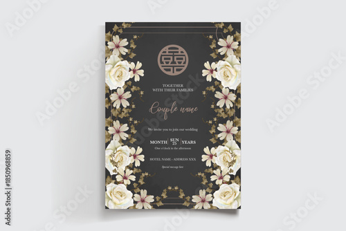 WEDDING INVITATION FRAME WITH FLOWER DECORATIONS AND FRESH LEAVES