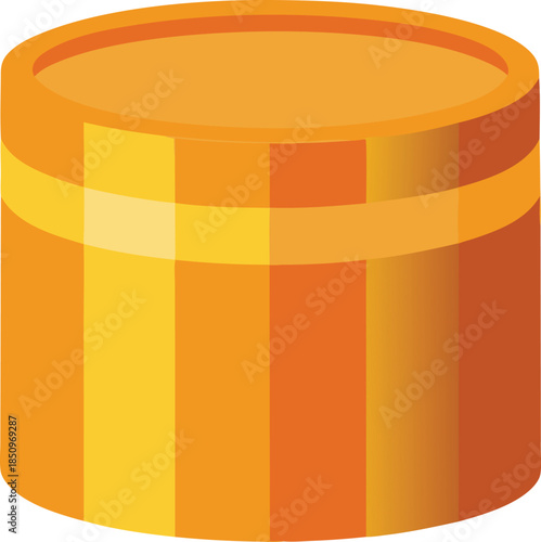 Simple isometric illustration of a golden wooden barrel with metal bands