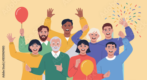 Joyful Group Celebration with Diverse People Flat Design Illustration