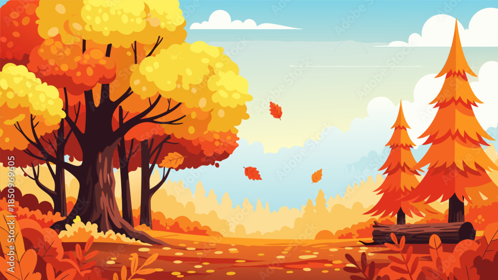 Αυτοκόλλητο Stunning Autumn Forest Scene Depicting Colorful Trees and Falling Leaves on a Se