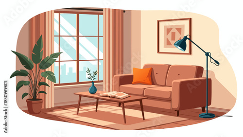 Bright and Cozy Living Room Interior Illustration with Modern Sofa, Coffee Table, Houseplant, and Floor Lamp in a Welcoming Home Setting