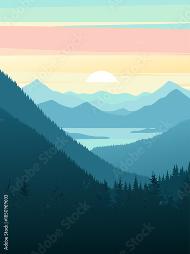 Serene minimalist mountain landscape with a tranquil valley and lake at sunrise. Layered vector illustration depicting a picturesque natural panorama at dawn