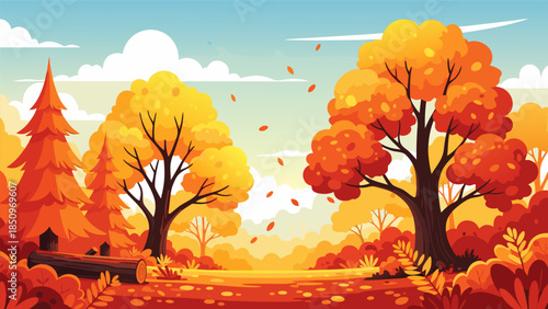 Vibrant autumn forest landscape with colorful falling leaves, golden trees, and a peaceful natural environment, showcasing the beauty of the season