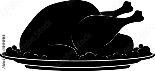 Silhouette of roasted turkey on plate with garnish on transparent background.