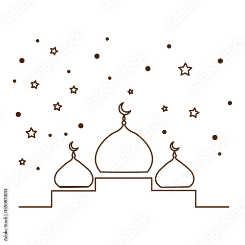 Continuous Line Art Mosque with Crescent Moons