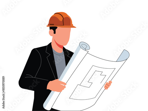 Engineer with hard hat holding building blueprint vector illustration isolated on white background