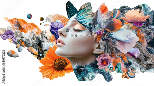 Contemporary artwork photo collage pop art vintage trend style wallpaper. Vibrant portrait of a woman wearing colorful sunglasses, showcasing artistic style and vivid colors in a visual composition.