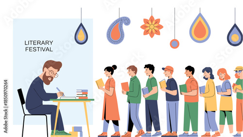 Flat Design Illustration of Indian Author Engaging with Readers at Literary Festival Book Signing