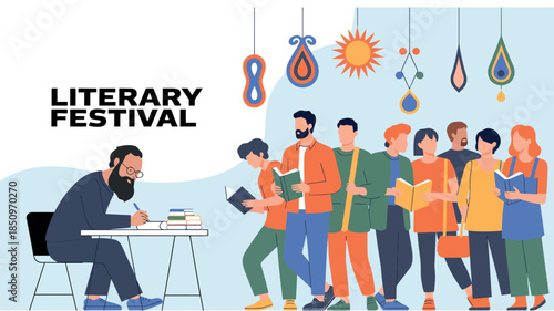 Indian Author Book Signing Event with Readers Flat Design Illustration