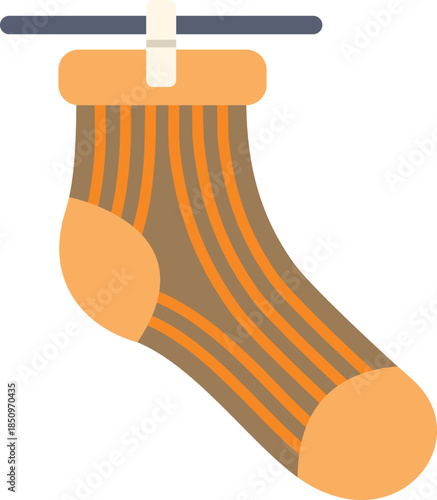Clean striped sock drying on clothesline held by clothespin, representing laundry and household chores