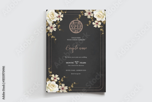 WEDDING INVITATION FRAME WITH FLOWER DECORATIONS AND FRESH LEAVES