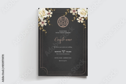 WEDDING INVITATION FRAME WITH FLOWER DECORATIONS AND FRESH LEAVES