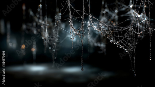 Close up spiderweb with dew drops on dark moody background