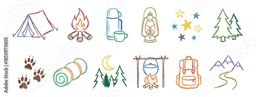 Colorful set of hand-drawn camping icons featuring a tent, campfire, backpack, and lantern for outdoor adventure and hiking themes in a playful doodle style