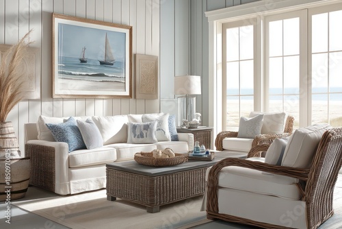 wicker furniture and airy textiles. Integrate sea-inspired elements like driftwood, 