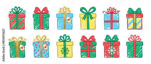 Colorful hand-drawn Christmas gift boxes collection with festive ribbons, bows, and patterns in a cheerful doodle style for holiday celebrations