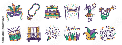 Festive hand-drawn Mardi Gras celebration icons including a feathered mask, beads, parade float, trumpet player, and dancing woman in a colorful purple, green, and gold doodle style