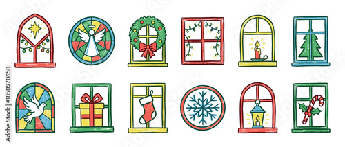 Collection of hand-drawn Christmas window illustrations featuring festive decorations like wreaths, angels, candles, and gifts in a colorful doodle style for holiday design