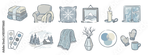 Collection of hand-drawn winter icons featuring cozy home elements like a blanket, armchair, candle, and mug in a soft, muted blue and gray color palette illustration style