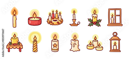 Collection of twelve cute cartoon candles in various festive designs, including an advent wreath, lantern, and tealights, drawn in a simple doodle style with warm glowing flames