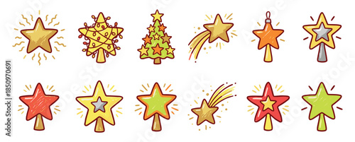 Festive collection of colorful hand-drawn Christmas star illustrations, including tree toppers and shooting stars, rendered in a charming and cute doodle art style