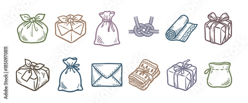 Collection of hand-drawn gift wrapping icons featuring boxes, bags, pouches, and traditional knots in a colorful sketch style for holiday and celebration concepts