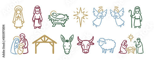 Hand drawn Christian nativity scene clip art collection with Mary, Joseph, baby Jesus, angels, shepherds, and animals in a minimalist colorful outline style