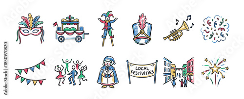 Set of colorful hand-drawn festival icons showing a parade float, jester, mask, and fireworks in a joyful doodle style for a community celebration