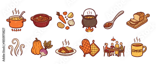 Set of hand-drawn comfort food illustrations featuring cozy autumn meals like soup, stew, fresh vegetables, and bread in a warm, charming cartoon doodle style for seasonal concepts
