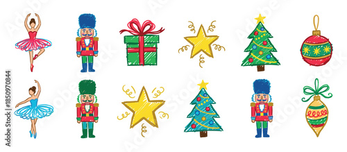 Collection of hand-drawn Christmas illustrations with nutcracker soldiers, ballerinas, festive trees, gift boxes, and ornaments in a charming, child-like doodle art style