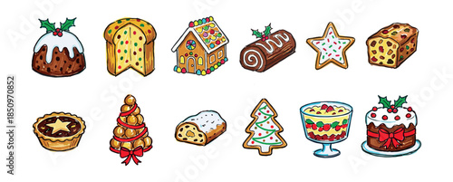 Festive collection of traditional Christmas desserts hand-drawn in a colorful sketch style, featuring pudding, panettone, yule log, gingerbread house, and holiday cookies