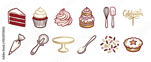 Collection of hand-drawn baking icons including cake, cupcake, pie, and kitchen utensils for celebration concepts, rendered in a charming doodle style with red and gold colors