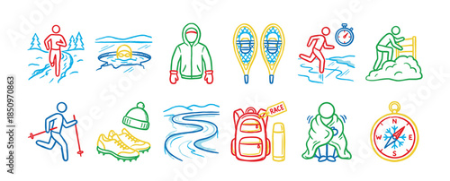 Winter sports and survival race icon set hand-drawn in a colorful doodle style showing extreme activities like ice swimming, trail running, and snowshoeing