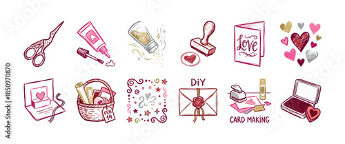Collection of hand-drawn card making icons for Valentine's Day includes charming DIY scrapbooking elements like scissors, glue, glitter, stamps, and hearts in a romantic sketch style