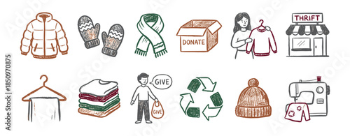 Set of hand-drawn doodle icons illustrating the concepts of clothing donation, recycling, and second-hand thrifting, with winter apparel, a charity box, and a sewing machine